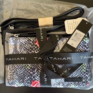 Tahari Black and White Animal Print Clutch with Red Accents. 2 pieces